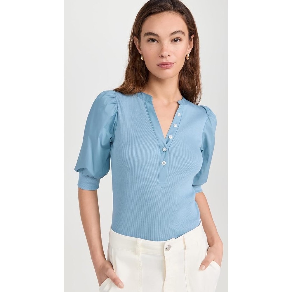 Veronica Beard Coralee Puff Sleeve Henley Top sea glass Ribbed Mixed Media S